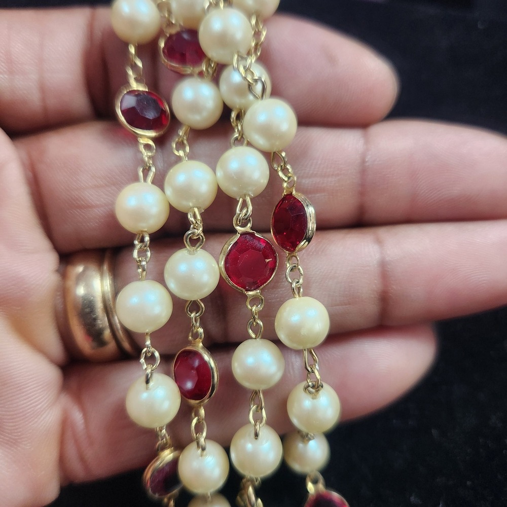 Vintage Gold Tone Faux Pearl and Ruby Red Crystal Station Necklace 18 Inch